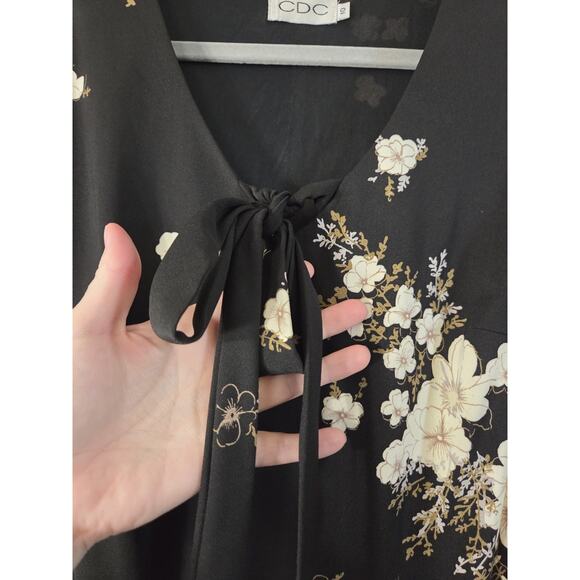 Vintage CDC Asian Floral Whimsigoth Dark Romantic Tie Neck Midi Dress, Size 10 - Picture 4 of 15